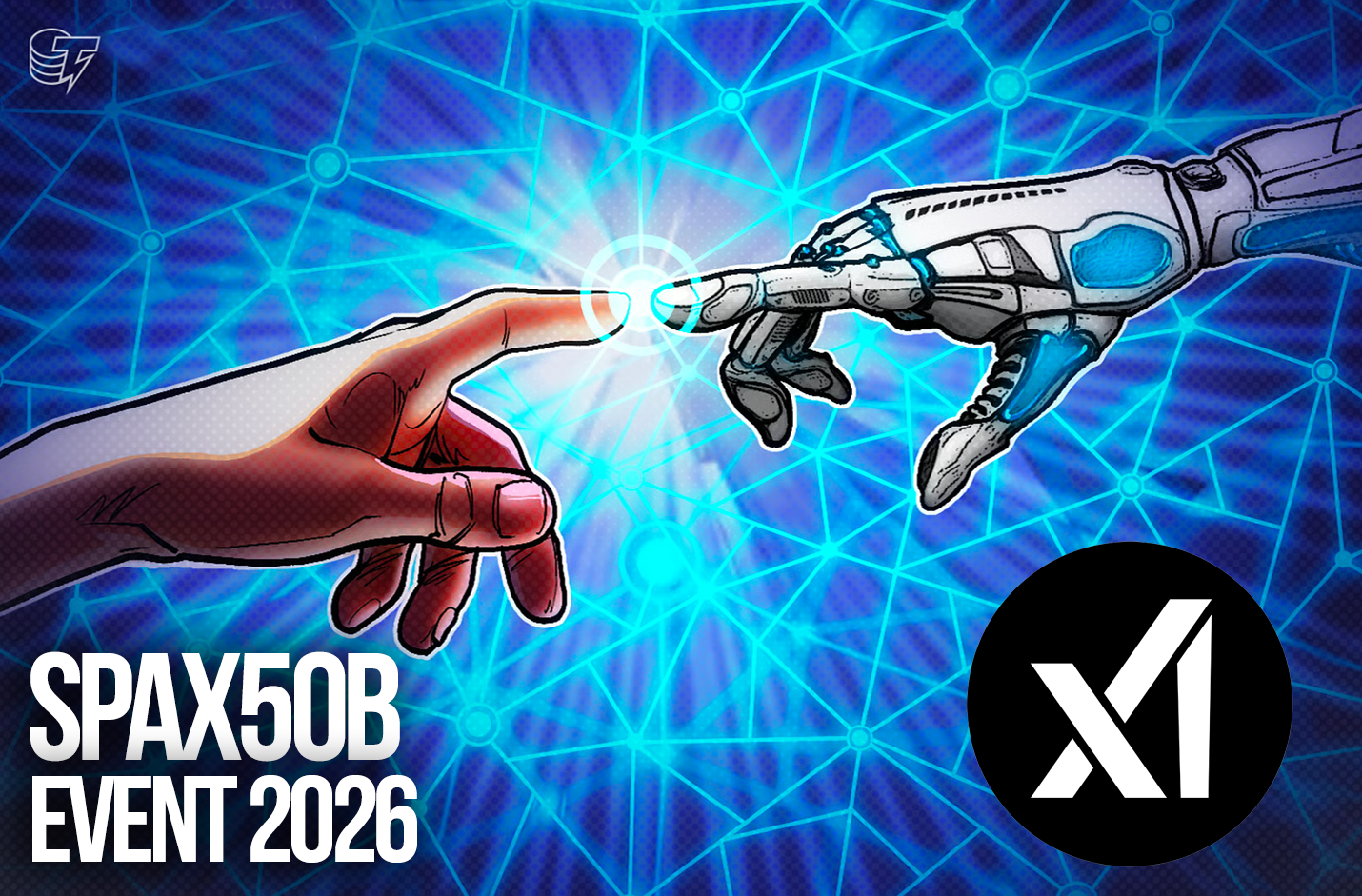 AI robot and human hand representing spax50b automation in crypto trading